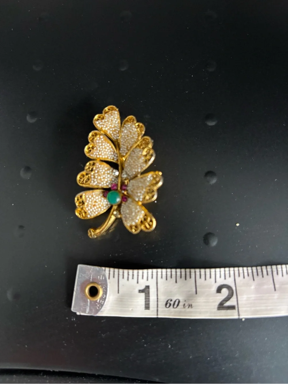 BSK Vintage Signed Gold-Tone Leaf Brooch with White Beaded Detail Green Center